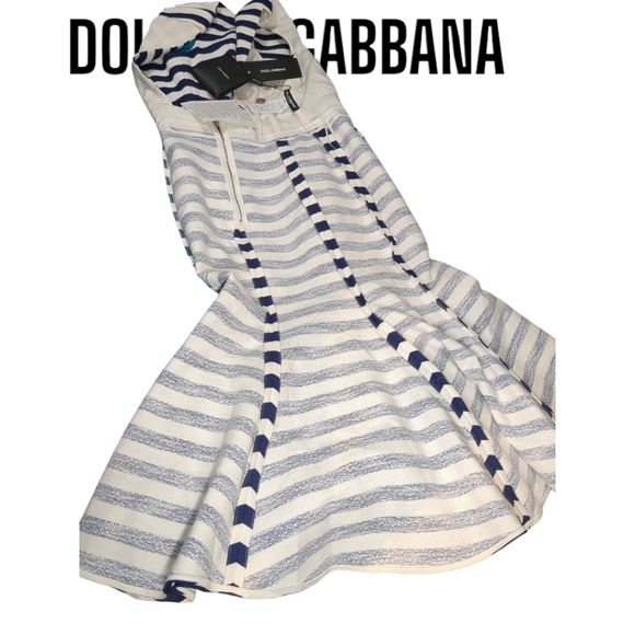 *New*DOLCE & GABBANA Striped Blue & White Open Black Flare Dress Italian Size 44 - Picture 4 of 17